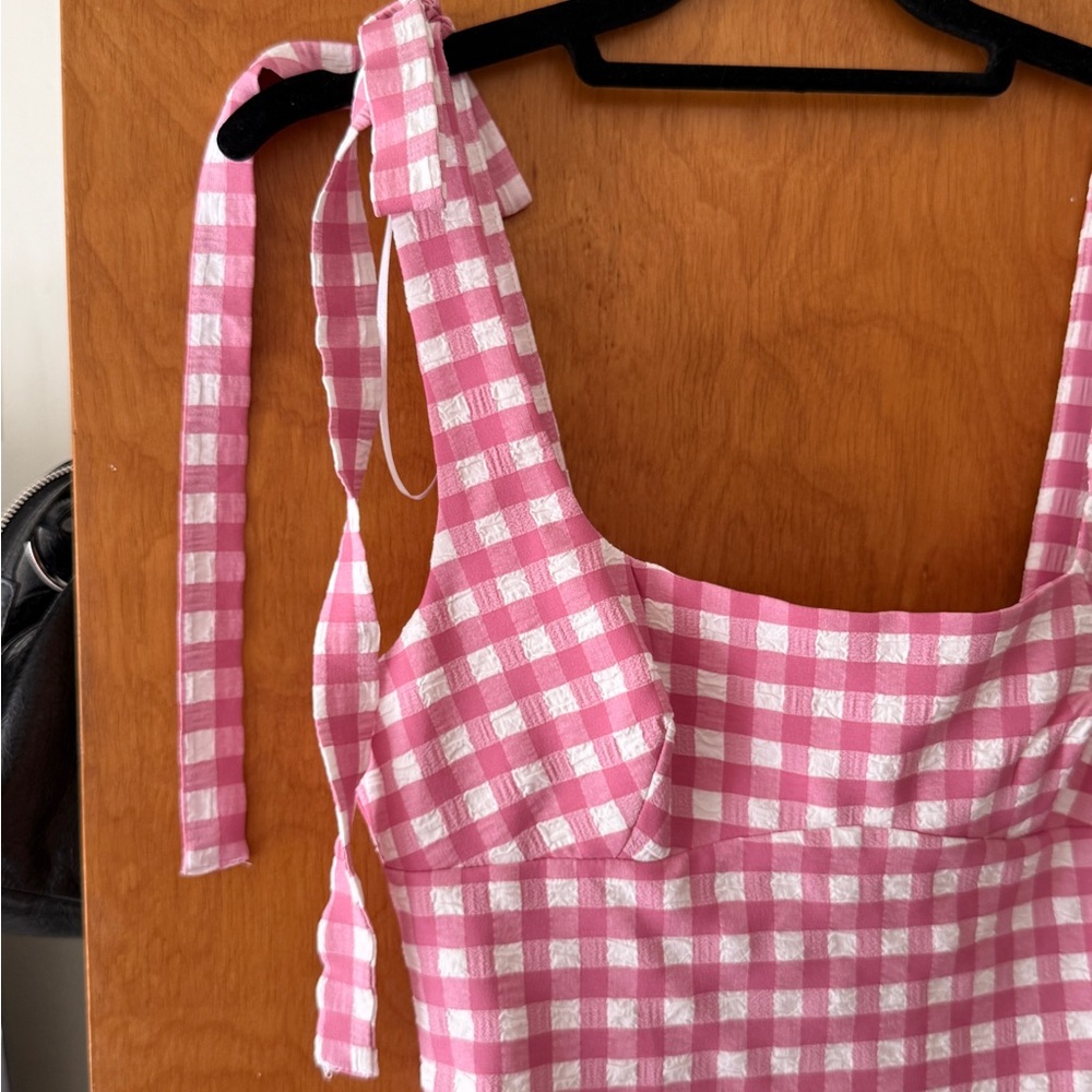 Zara Pink and White Gingham Tie-Shoulder Mini Dress - Picture 2 of 5